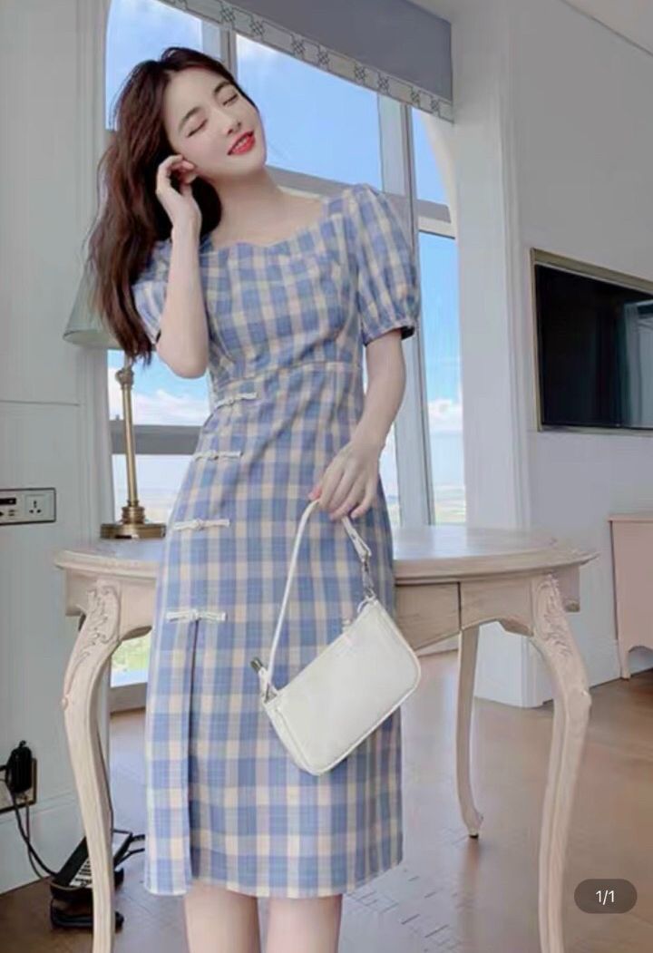 Váy đầm nữ dáng suông caro phối hàng nút kiểu tàu