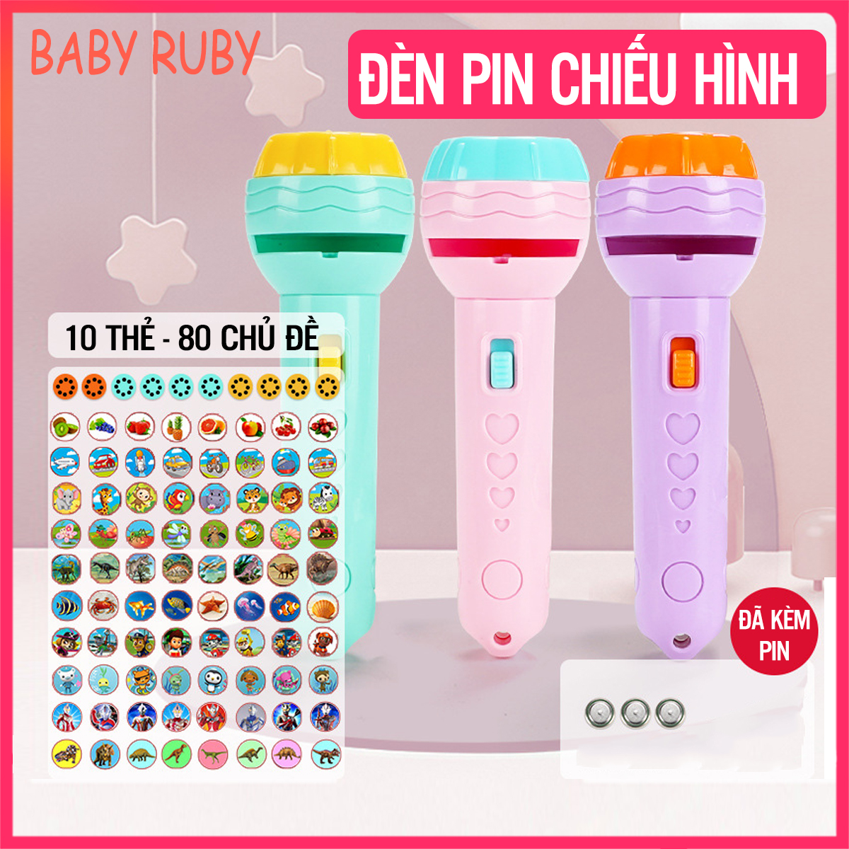 Đèn Pin Chiếu Hình Cho Bé - Chất Liệu Nhựa ABS, 10 Thẻ Và 80 Hình - Đèn pin chiếu hình 3d cho bé, đèn pin chiếu hình con vật, den pin chieu hinh