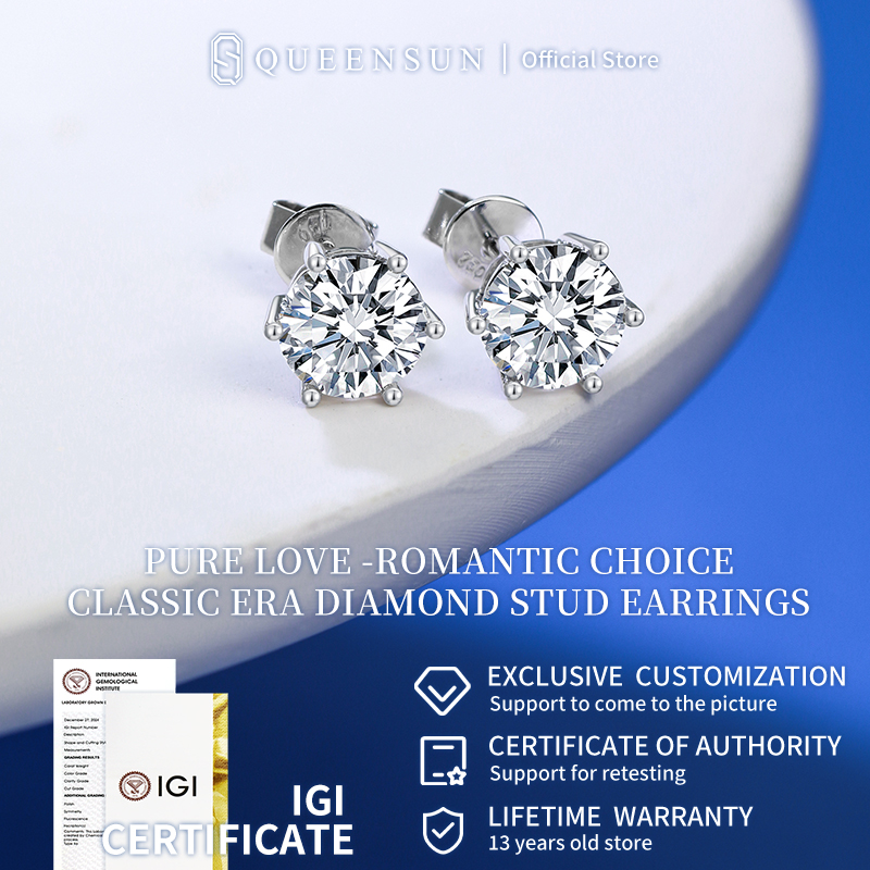 QUEENSUN 18k gold Lab Grown Diamond earrings, round, surrounded by diamonds, sparkling earrings, six claw earrings, custom earrings, diamond custom earrings， 六爪耳钉