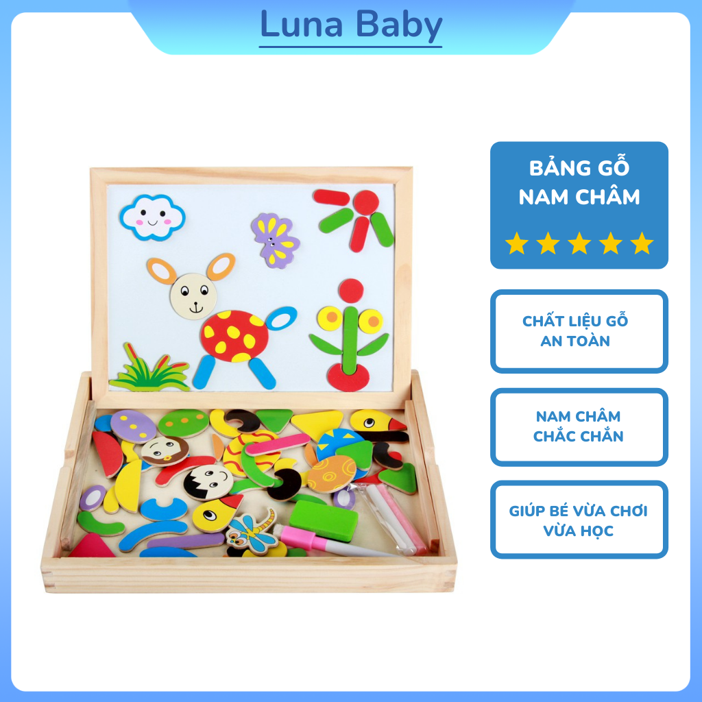 Bảng Ghép Hình Nam Châm Bằng Gỗ - Thiết kế dạng hộp, nhiều hình cho bé - Bảng nam châm, Bảng ghép hình, Đồ chơi gỗ, Đồ chơi xếp hình,Đồ chơi giá rẻ, do choi gia re,Bảng nam châm gỗ - Luna Baby