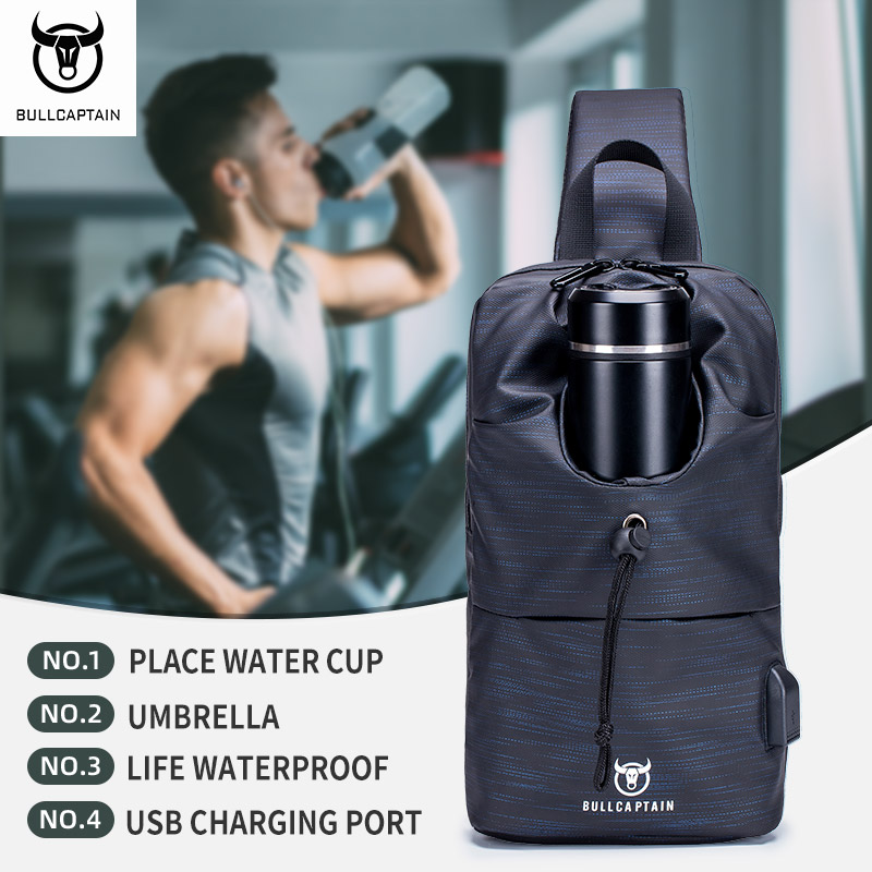 BULLCAPTAIN Men's One Shoulder Crossbody Chest Bag Multifunctional Water Bottle Bag USB Charging Port Waterproof Outdoor Adventure Front Shoulder Bag Material Oxford Cloth