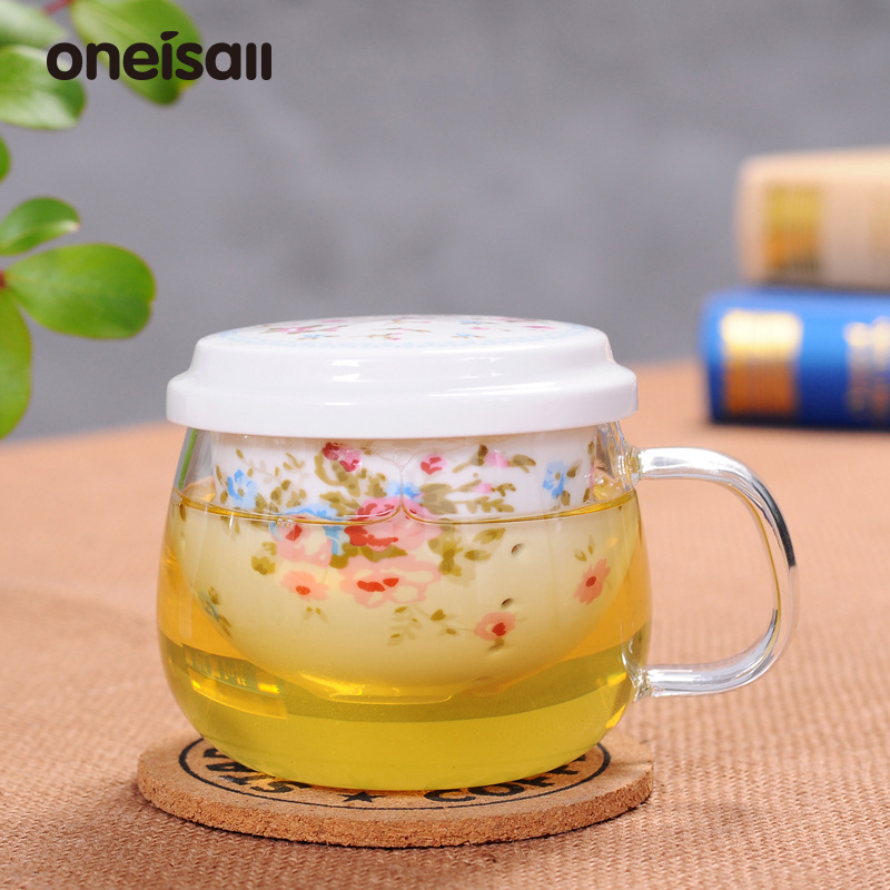 Oneisall cốc thủy tinh cốc trà có nắp & dụng cụ pha trà bằng gốm cốc cofee không chì 300ml chịu nhiệt
