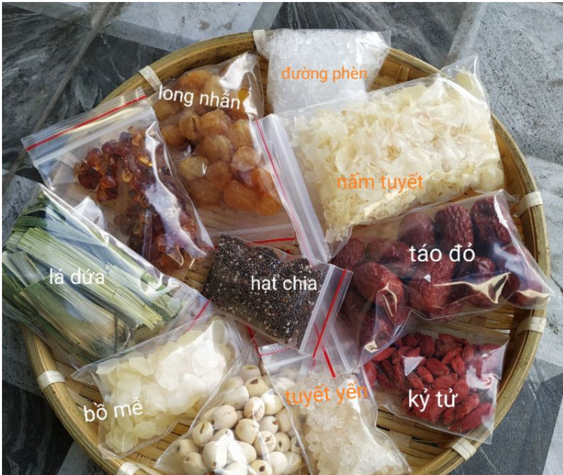 100g nhựa đào, bồ mễ, lệ đào, táo đỏ, hạt chia, kỷ tử, long nhãn, hạt sen, lá dứa, đông trùng, tuyết yến dùng nấu chè dưỡng nhan