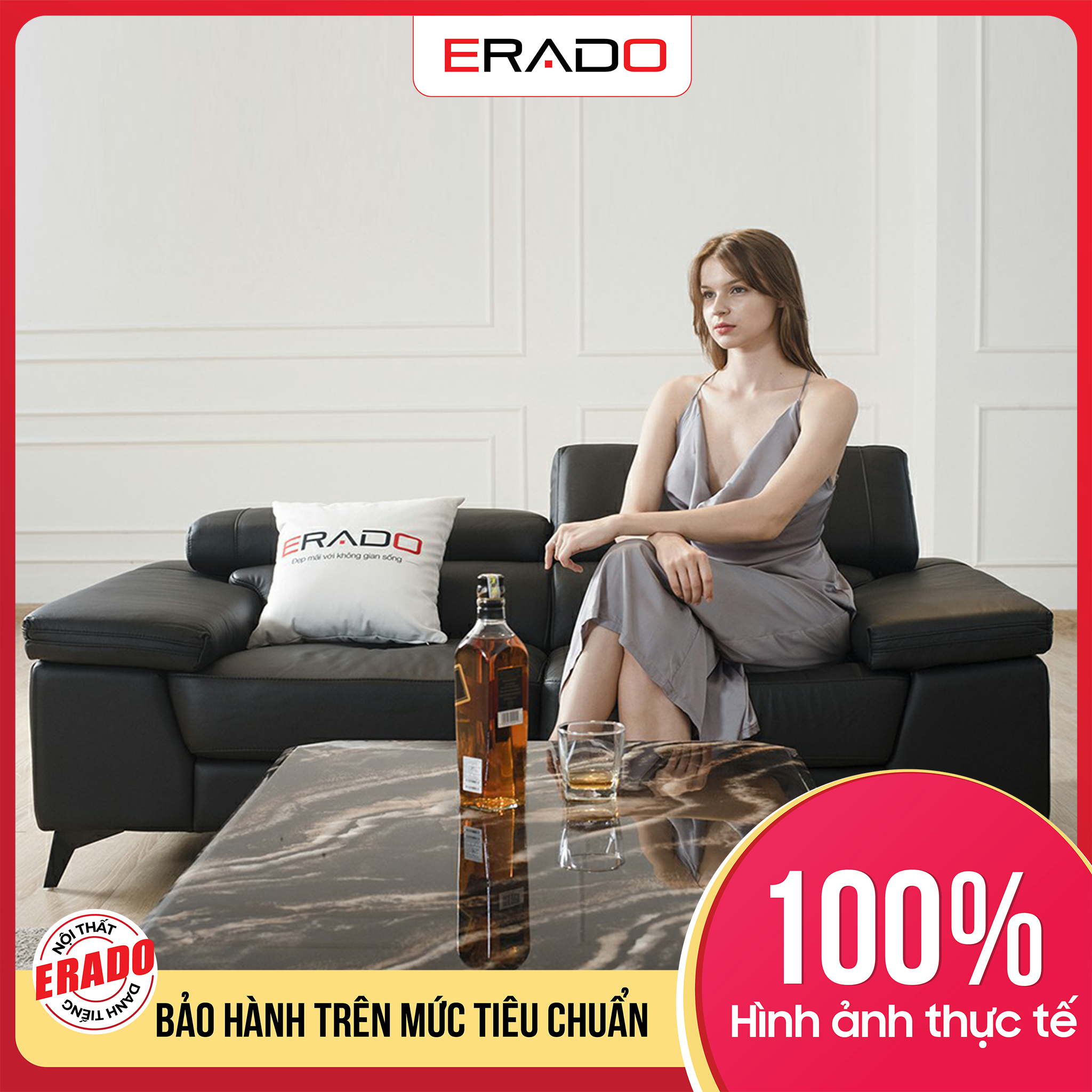 Ghế sofa đơn da bò thật màu đen cho phòng khách hiện đại mã 65