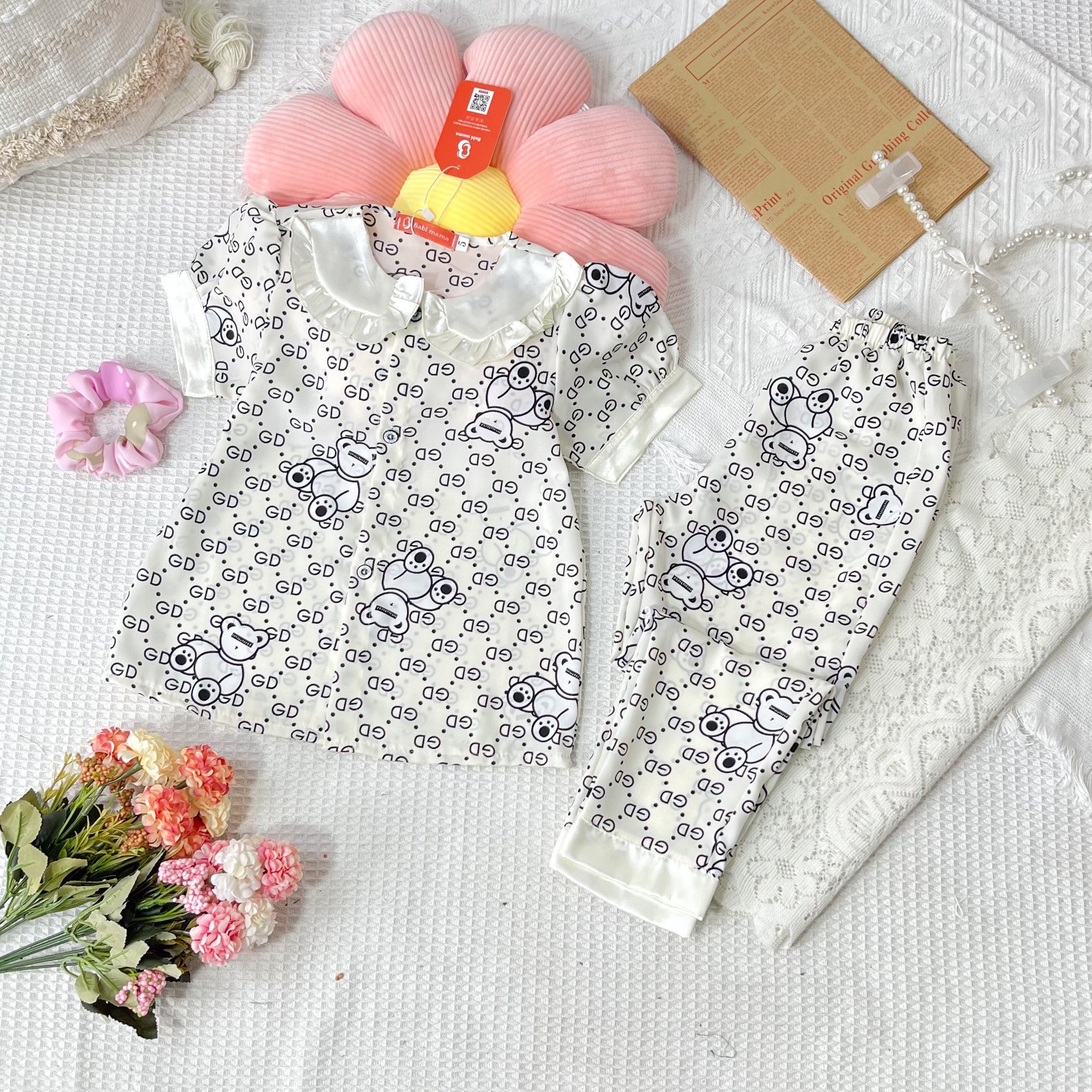 Bộ lụa cho bé gái pijama cộc dài mango tay bồng tiểu thư 13-35kg - boody bpn58