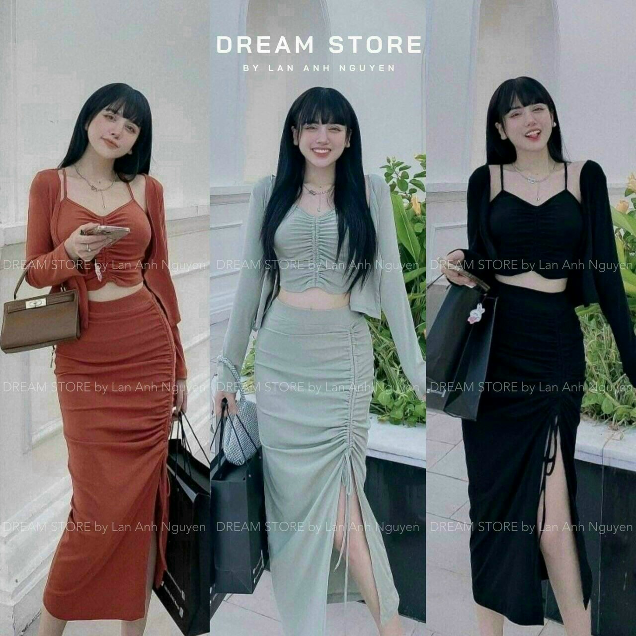 Set áo và chân váy xẻ tà rút dây kèm áo khoác rose fashion