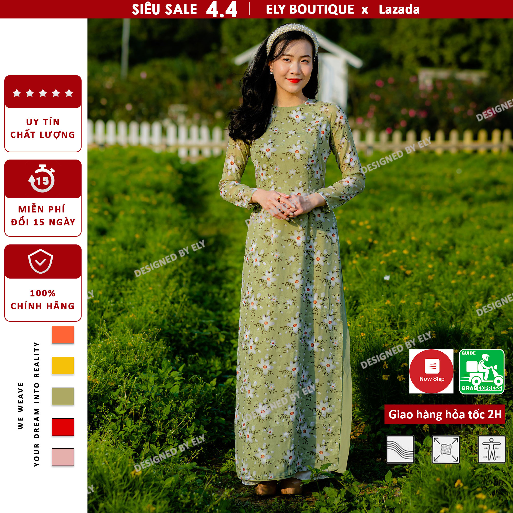 Áo dài cách tân nữ thiết kế cách điệu ELY BOUTIQUE voan in họa tiết 4 tà cổ tròn, 1 đổi 1 trong 15 ngày /ELVI03