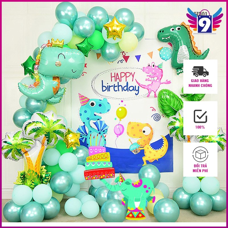 [3-5/8 Hoàn Tiền 25%] - Set trang trí sinh nhật bong bóng, poster happy birthday- mẫu Khủng Long cho các Bé Trai 9 STORE kèm bơm tay