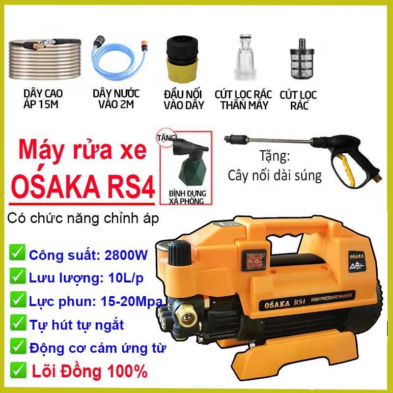 Máy rửa xe dây đồng OSAKA RS4-2800W chức năng chỉnh áp - 2800W - Dây cao áp 15m - Tặng kèm cây nối dài vòi phun và bình bọt tuyết
