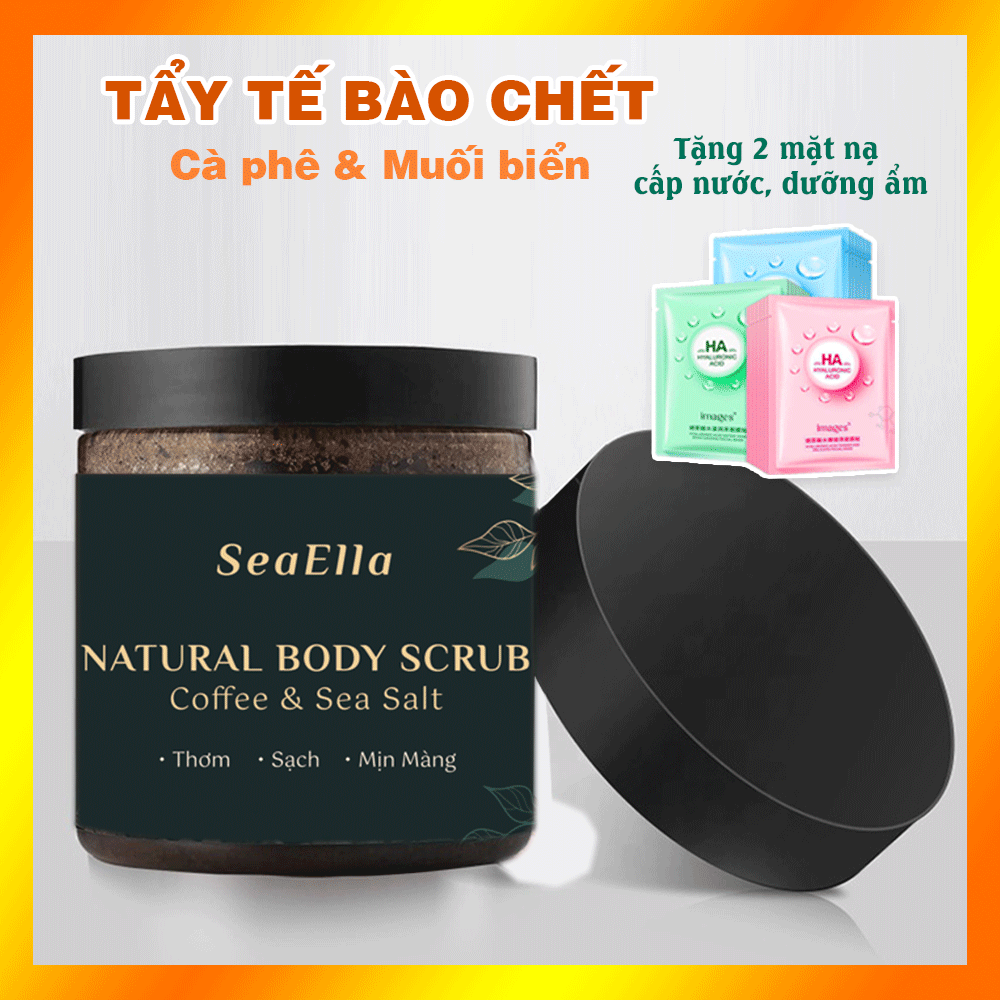 Tẩy Tế Bào Chết Body Cà phê và Muối biển- Tẩy Da Chết Body - 150g - Tặng 2 mặt nạ cấp nước - Loại bỏ các lớp sừng, bã nhờn, bụi bẩn trên da, Hạn chế tình trạng lông mọc ngược sau wax lông, Giúp da trắng sáng, mịn màng