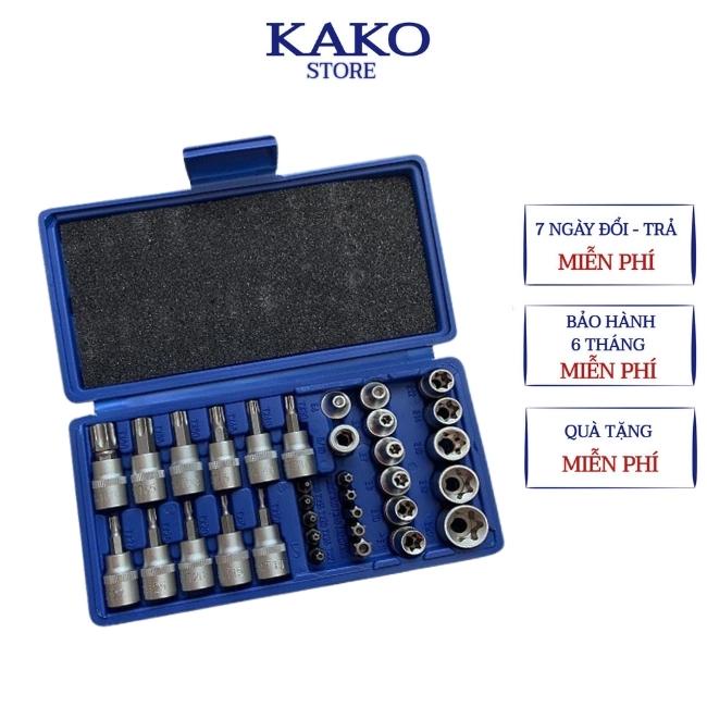 Bộ khẩu E 34 chi tiết chuyên vặn ốc bulong chìm, dạng sao, hoa thị, KAKO.