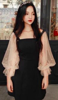 Đầm tiểu thư phối tay dài lưới cườm xinh xắn ba màu ( trắng be đen )