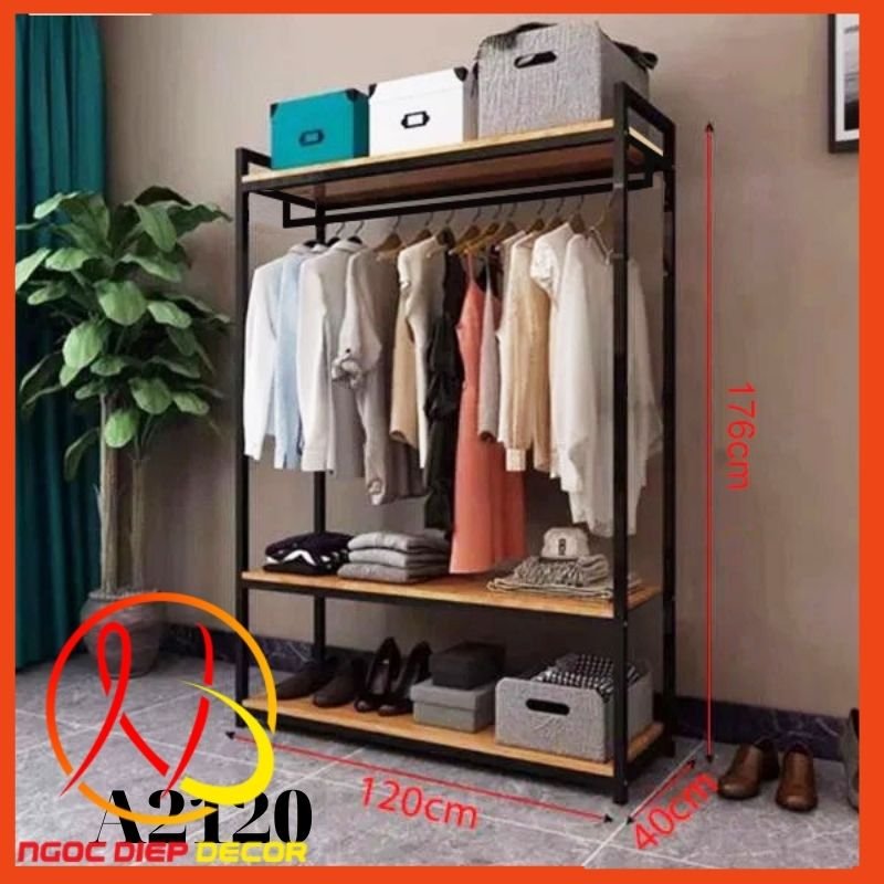 Kệ treo quần áo 2 ngăn khung sắt sơn tĩnh điện, lắp ráp thuận tiện đa năng, sàn gỗ melamin sang trọng rộng 1m-1,2m-1,5m