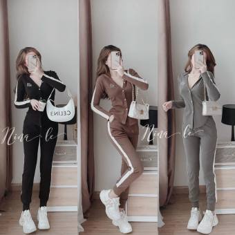 Set thể thao chất thun gân dày dặn, Set áo gài nút tay dài phối sọc có nón  mix quần dài sọc có bo ống, Đồ  bộ nữ sang chảnh lên form cực chuẩn