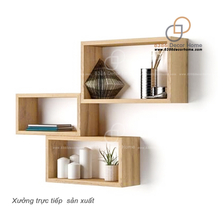 Combo 3 kệ gỗ chữ nhật treo tường, kệ trang trí treo tường gỗ thông decor