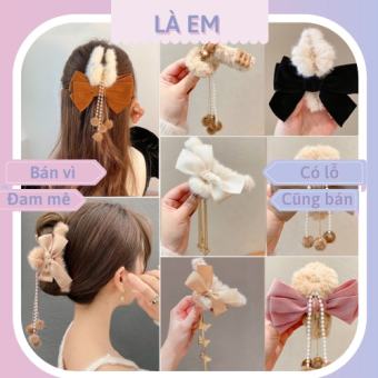 Kẹp tóc càng cua thắt nơ phối vải lông lớn thời trang