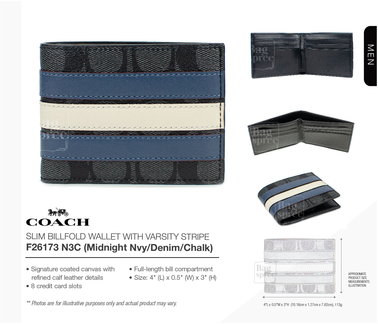 slim billfold wallet in signature canvas with varsity stripe