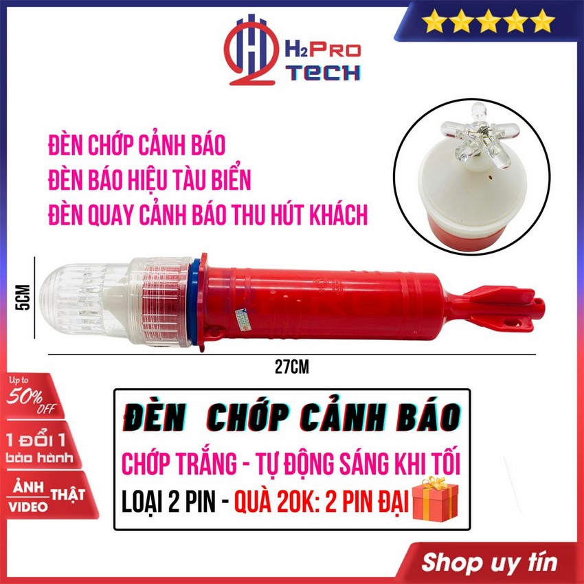 Đèn Chớp Cảnh Báo Trắng Vỏ Đỏ H2Pro Cao Cấp (2 Pin), Đèn Báo Hiệu Tàu Biển-Đèn Quay Cảnh Báo (Tặng 2 Pin Đại)-H2Pro Tech