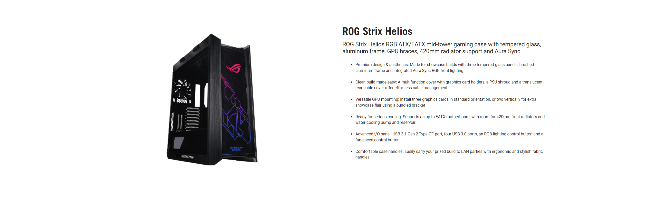 ASUS ROG Strix Helios GX601 RGB Mid-Tower Computer Case for up to EATX  Motherboards with USB 3.1 Front Panel, Smoked Tempered Glass, Brushed  Aluminum and Steel Construction, and Four Case Fans 