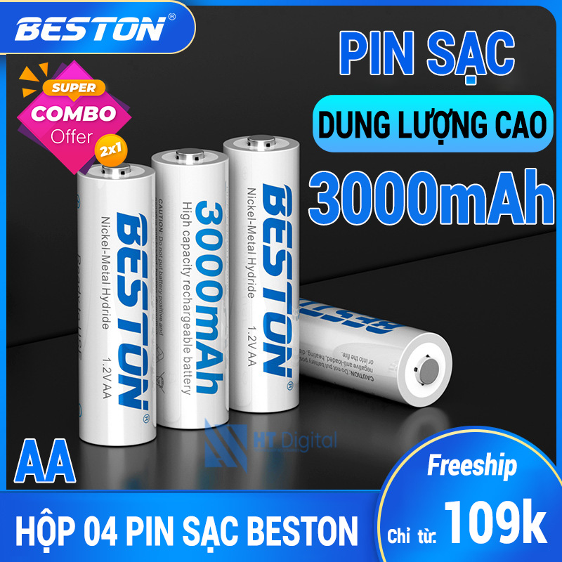 Pin Sạc AA Beston 3000mAh Vỉ 4 Pin Cho Micro Karaoke loa, đồ chơi trẻ em, đồng hồ, thiết bị điện tử, đèn flash, pin máy ảnh, xe điều khiển, đèn pin siêu sáng, loa kẹo kéo, pin sạc dung lượng cao