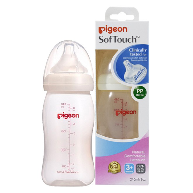 Bình sữa Pigeon cổ rộng nhựa PP Plus 240ml an toàn cho bé - binh sua co rong cho be