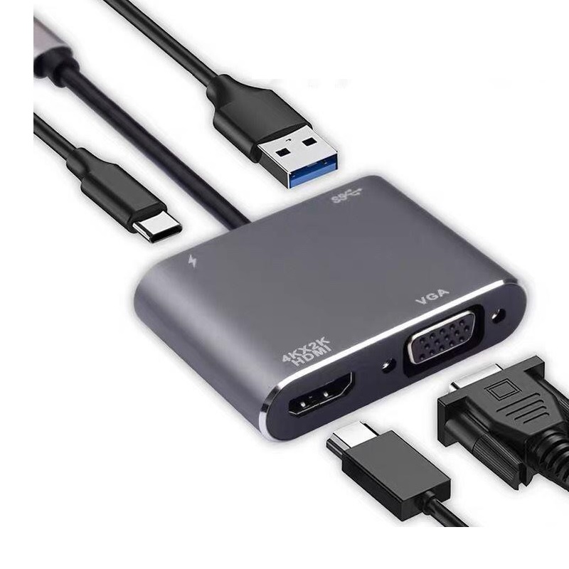 Ugreen 50505 15cm màu xám bộ chuyển đổi type c sang hdmi + vga + usb3.0 + hỗ trợ nguồn pd type c cm162