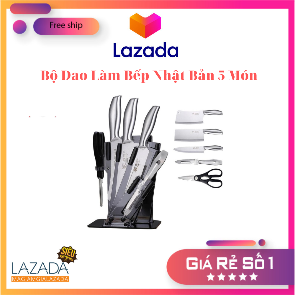 Bộ dao làm bếp nhật bản 5 món - dao chặt xương - dao thái thịt cá - dao thái rau củ - kéo nhà bếp - kệ để dao kéo nhà bếp