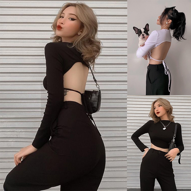 Áo Kiểu Croptop Hở Lưng Tay Dài BigSize Dưới 80kg Cột Dây Quanh Eo Chất Thun Lụa Mát Mịn "HLTD"