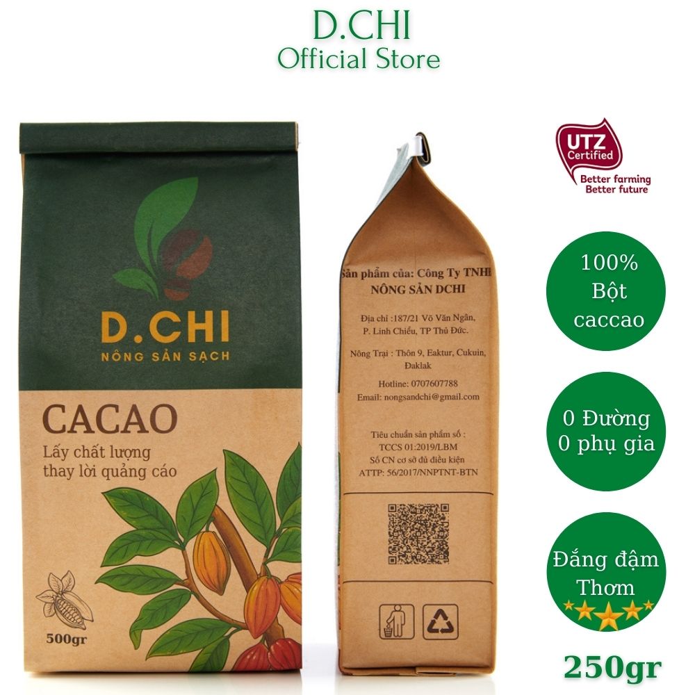 Bột cacao nguyên chất D.CHI- Không đường đậm đà vị truyền thống - Chuẩn UTZ xuất khẩu 250gr