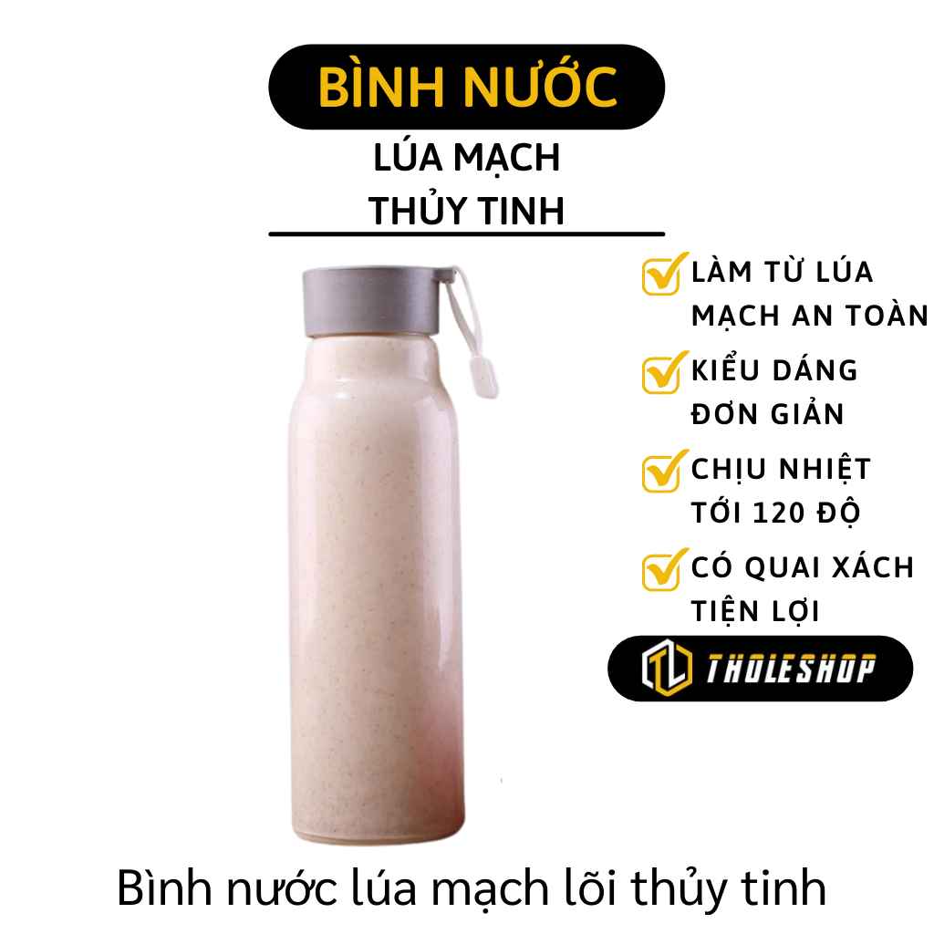 Bình đựng nước giữ nhiệt - Bình nước vỏ lúa mahcj, lõi thủy tinh dung tích 330ml - Bình đựng nước đơn giản, có quai cầm
