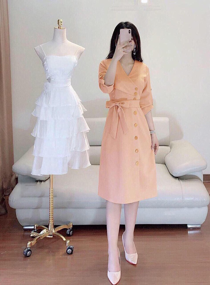Đầm Váy Rẻ Đẹp Thiết Kế Cao Cấp Cổ Vest Đính Nút Cột Dây Nơ Thời Trang Beauty. Fashion SG