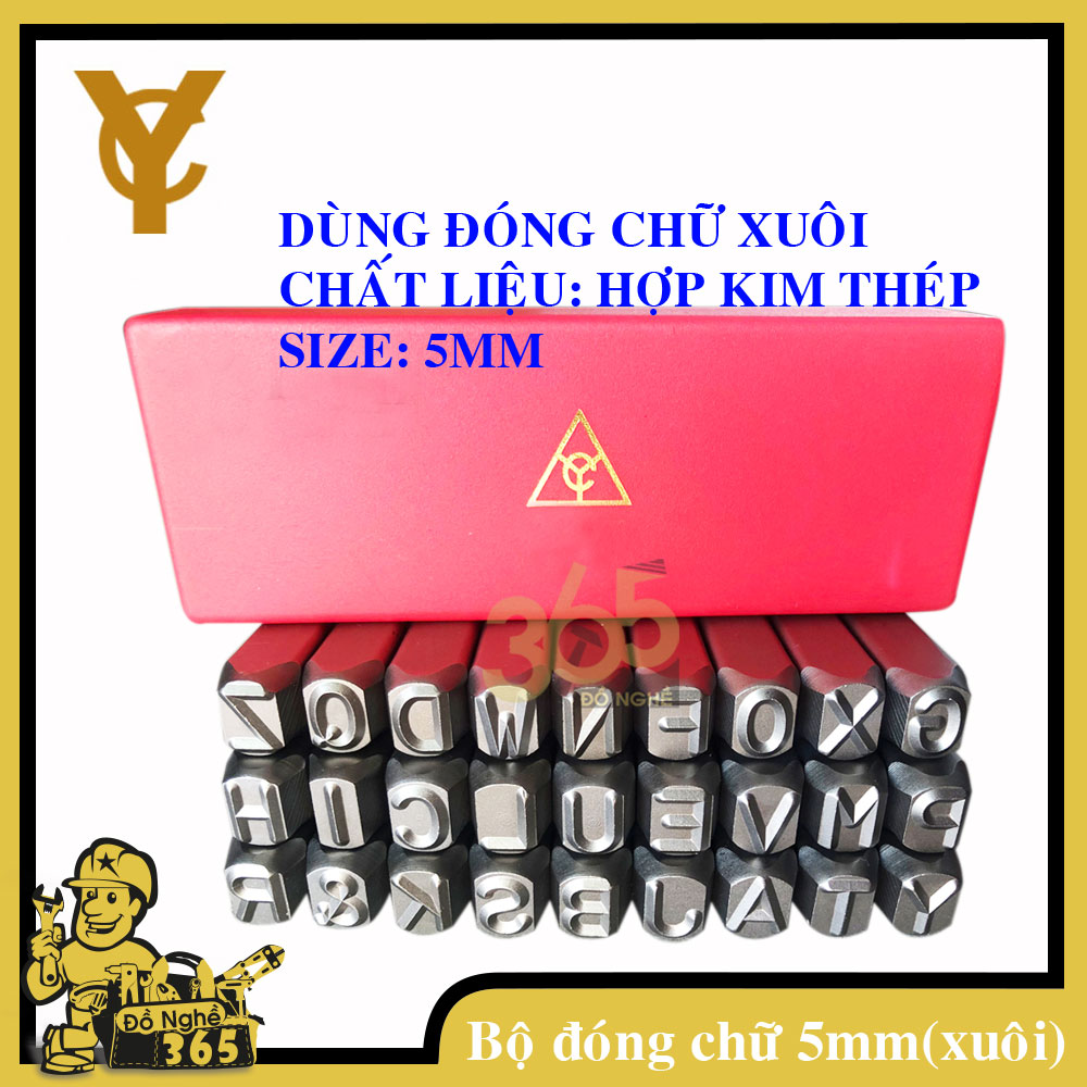 Bộ đóng chữ 5mm hiệu YC , bộ đóng chữ hiệu YC được chế tạo bằng thép CR-V, có độ cứng cao, chịu lực tốt, gồm 27 ký tự từ A đến Z, và được chứa trong hộp nhựa cao cấp, đóng lấy dấu