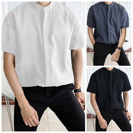 Plain Button Chinese Collar Men's Elegant Slim Short Sleeve Fashion Casual Shirt