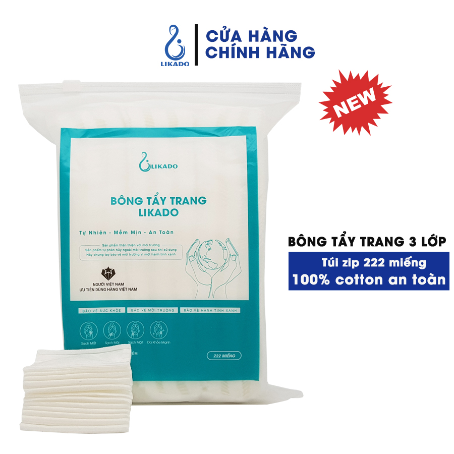 Bông tẩy trang Likado 3 lớp chất liệu cotton dày dặn túi 222 miếng (1 túi)