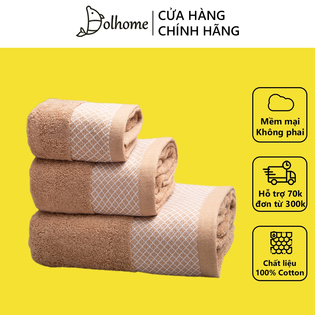 Khăn tắm Dolhome chất liệu cotton mềm mại thấm hút,combo khăn tắm,khăn mặt,khăn gội Nam Đô QT301