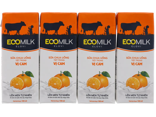 Lốc 4 hộp sữa chua uống vị cam Ecomilk 180ml