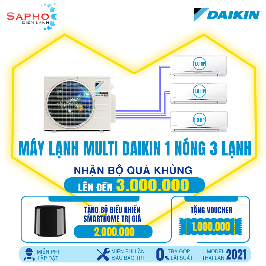 Hệ thống máy lạnh multi s inverter mkc50rvmv/1.0hp+1.0hp+1.0hp 1 dàn nóng 3 dàn lạnh treo tường gas r32 chính hãng daikin thái lan sản xuất 2021