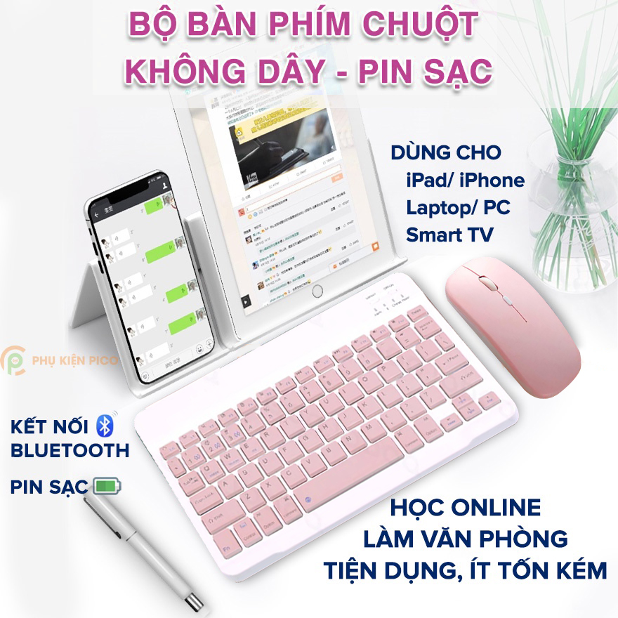Chuột không dây hồng Bluetooth Wireless máy tính Ipad điện thoại - Bàn phím hồng không dây Bluetooth