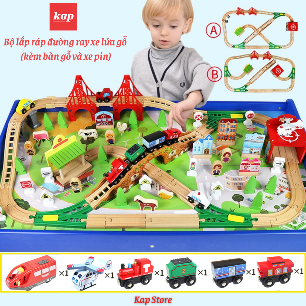 Bộ lắp ráp đường ray xe lửa, tàu hỏa gỗ 110 chi tiết - Kèm theo bàn gỗ và đầu kéo pin
