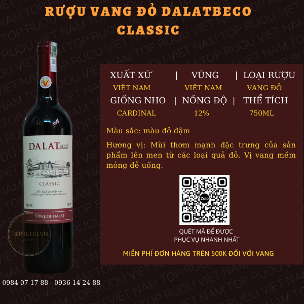 Rượu vang đỏ dalatbeco classic 750ml - việt nam - 12%