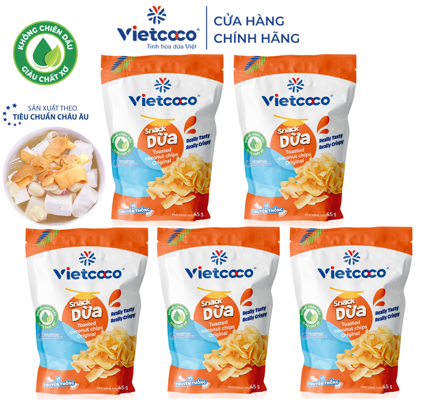 Combo 5 gói dừa non sấy dòn vietcoco -đặc sản bến tre