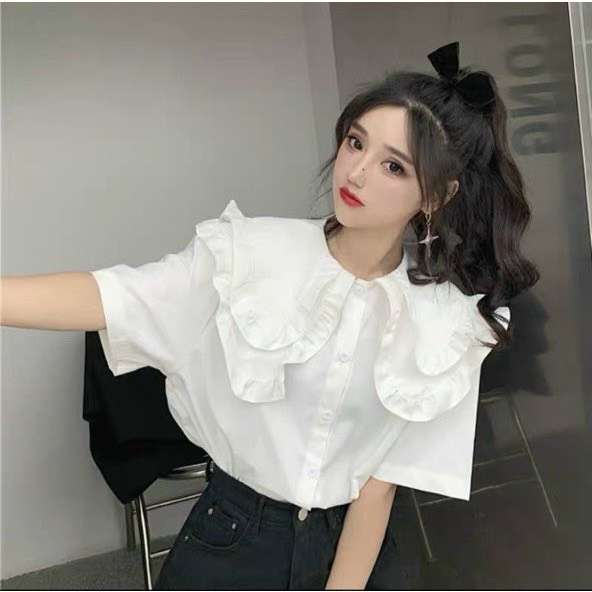 Áo sơ mi nữ cổ bèo- Áo sơ mi cộc tay thiết kế cách điệu cổ bèo phong cách Hàn Quốc