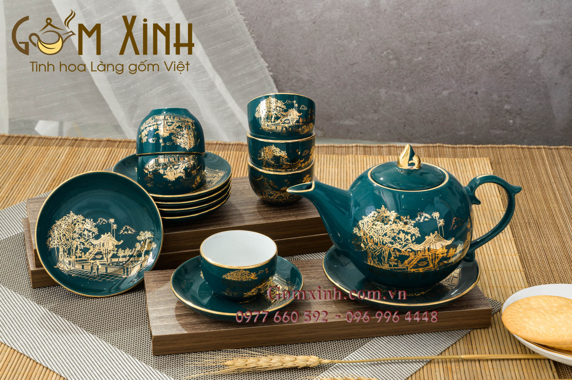 Bộ ấm chén Bát Tràng Chóp lửa xanh cửu long họa tiết chùa một cột vàng kim