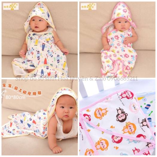 Chăn choàng chăn ủ bé sơ sinh có mũ D- 22 Khăn choàng có nón chuyên dùng cho bé sơ sinh Combo 2 cái