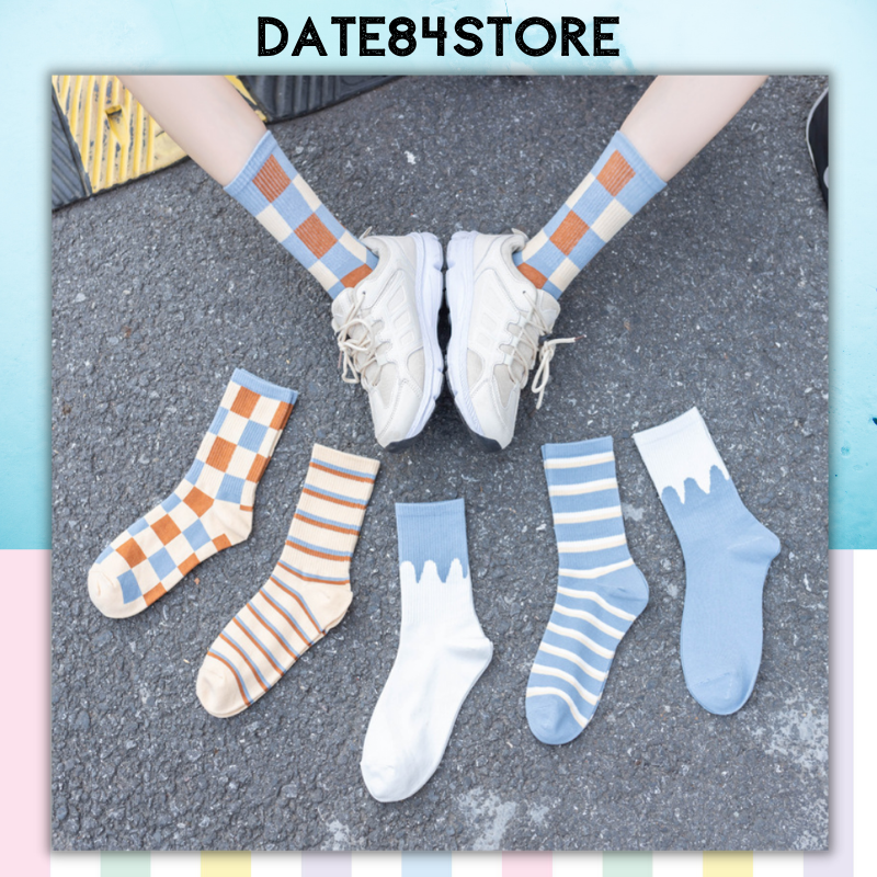 Tất vớ cổ cao nam nữ unisex sọc caro Date84Store