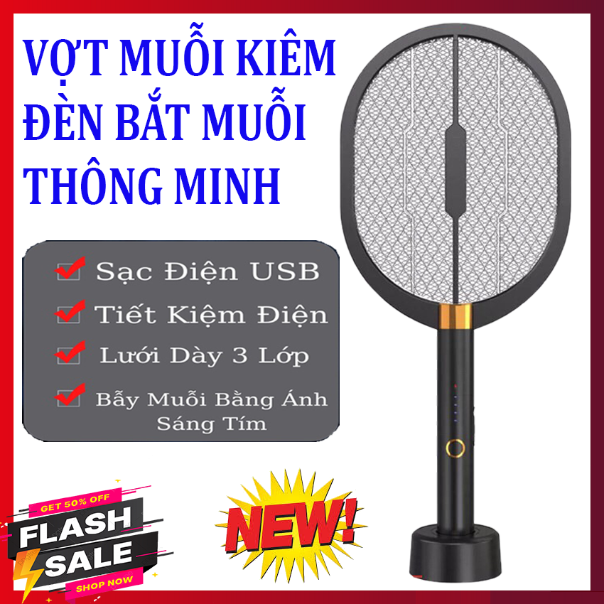 Vợt muỗi, vợt muỗi thông minh, vợt muỗi kiêm đèn bắt muỗi tự động, vợt muỗi đa năng 2 trong 1 với cổng usb, pin sạc lithium cao cấp, ánh sáng xanh hút muỗi kiêm đèn ngủ - bảo hành 1 đổi 1