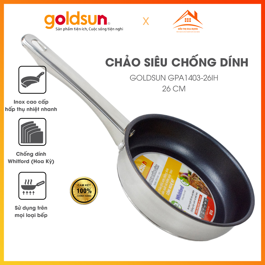 Chảo Chống Dính Bếp Từ Goldsun Cao Cấp Chất Liệu Inox Lớp Chống Dính Whitford (Hoa Kỳ) Màu Đen Ánh Kim GPA1403