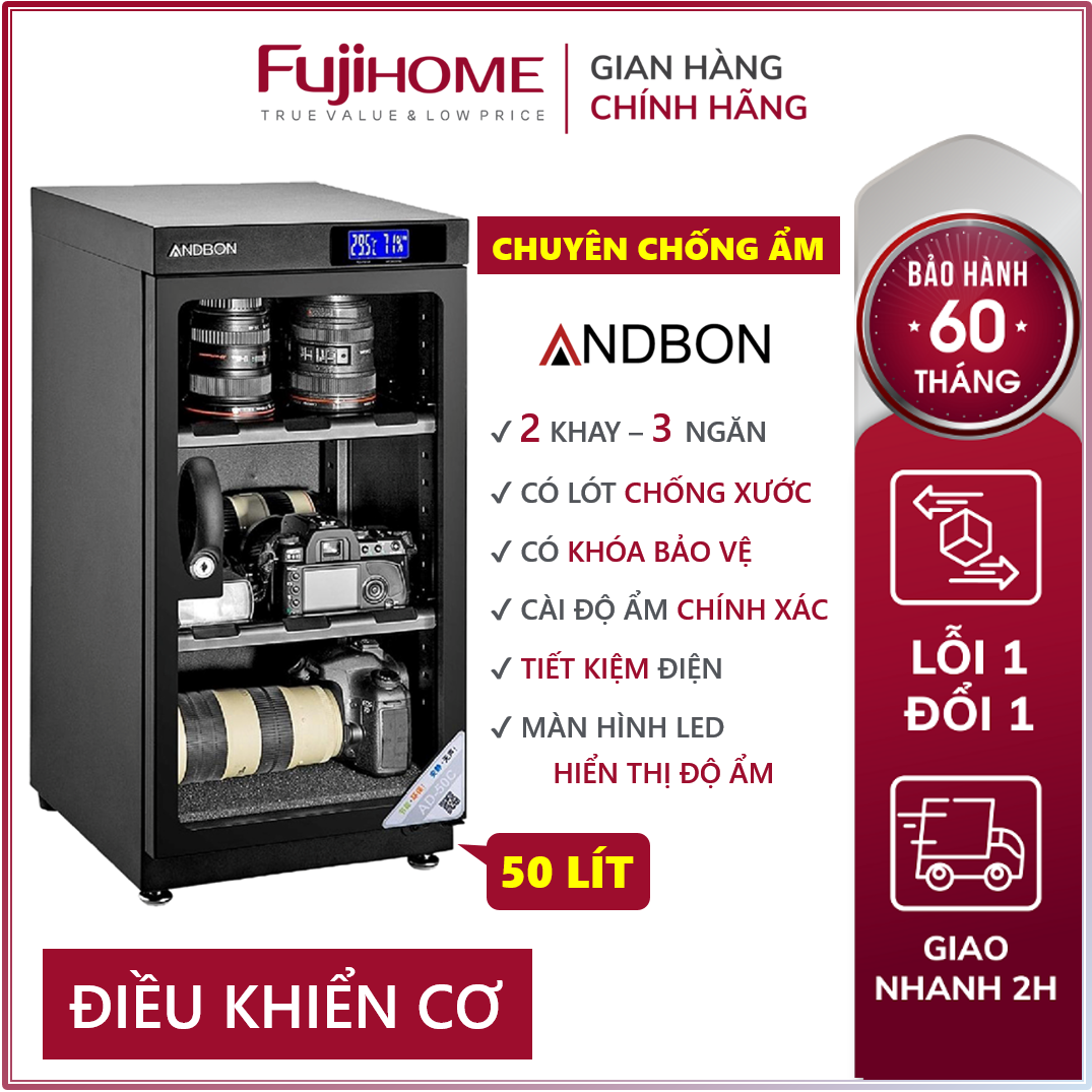 Tủ chống ẩm máy ảnh 50 lít Andbon AD-50C Tủ hút ẩm máy ảnh 50l ba ngăn công nghệ tiết kiệm điện giá