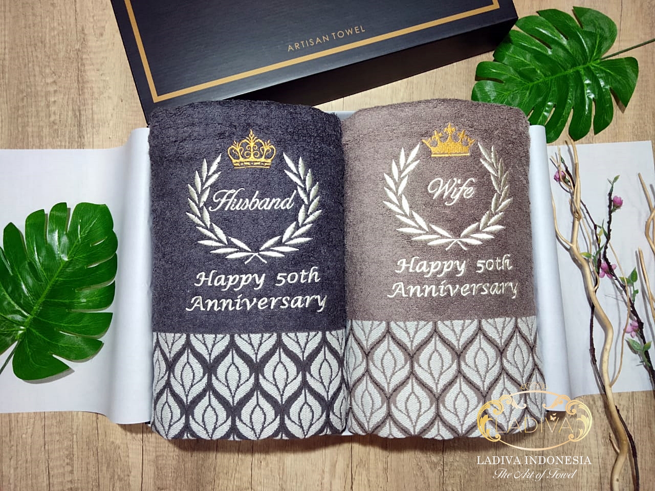 LUXURY COUPLE hadiah box SET - Couple Towel ORCHID MEDELINE Series with CUSTOM BORDIR + EXCLUSIVE BOXโฆ