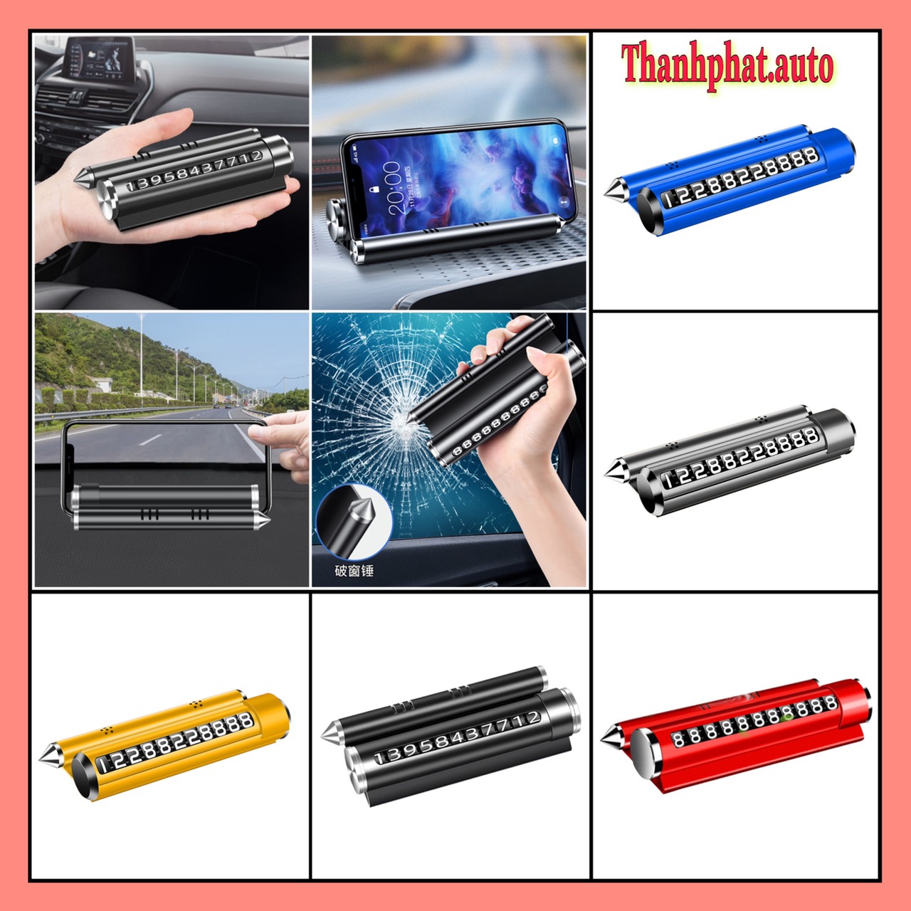 Bảng ghi số điện thoại 3 trong 1 trên ô tô - Bảng ghi số điện thoại để taplo ô tô kiêm giá đỡ điện thoại và búa phá kính
